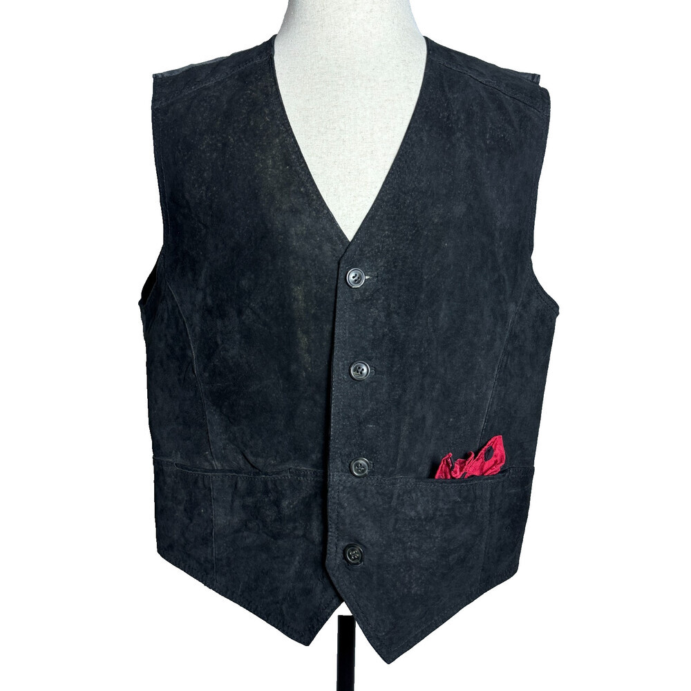 Vintage Basic Editions Men's Black Suede Letter Vest, Size L, Button-Up Front